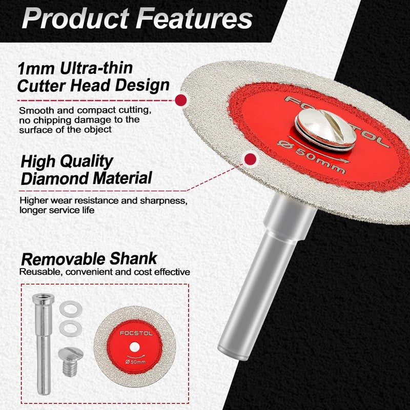 FOCSTOL Mini Diamond Glass Cutting Disc - 5pcs 2 Inch(50mm) Blade and 1pc 1/4 Inch(6mm) Round Shank for Glass Jade Marble Granite Artificial Stone Porcelain Tile Ceramic - Image 5